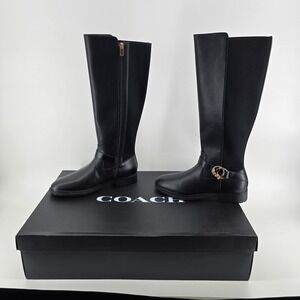 Coach Black Leather Knee High Riding Boots Horse Carriage Logo Womens 9B NEW